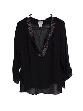 Chicos Tunic Top Womens Size Large Black Sheer 100% Silk Embroidered Floral Trim